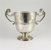 A George II Irish silver two handled presentation trophy cup, maker's mark rubbed